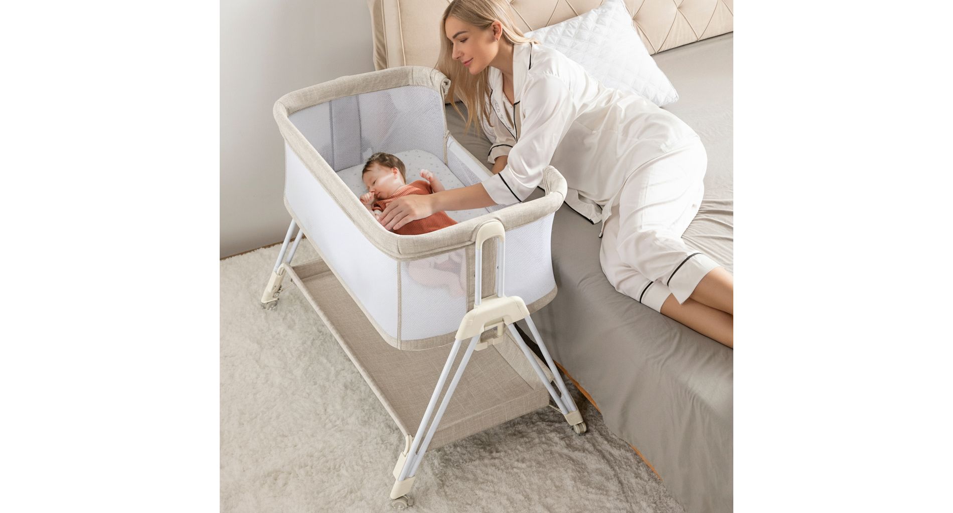 AmourLil Baby Bassinet Bedside Sleeper with Wheels & Storage Tray, Portable Crib for Newborns