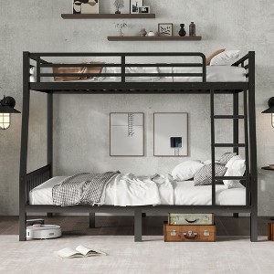 Okak 82.7IN Full-Over-Queen Metal Bunk Bed, Bed Frames with Ladder, Safety Guardrail and Slats Support, Twin Bed for Kids and Adult, Black - 1 of 4