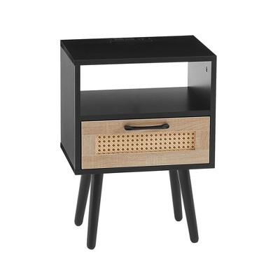 FONTOI 15.75" Rattan Nightstand with Drawer and Power Outlet, Side Table for Living Room Bedroom Home, Black, 11.81"*15.75"*22.05"