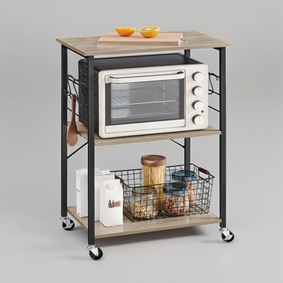 Kitchen Shelf on Wheels, Serving Cart with 3 Shelves, Kitchen Cart, Microwave Shelf, for Mini Oven, Toaster, with 6 Hooks