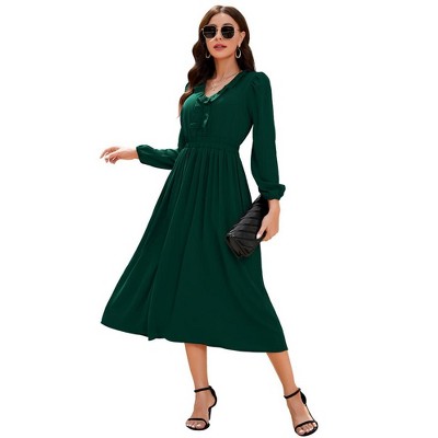 Womens Fall Dress Long Sleeve Ruffle V Neck Dress Elastic Waist Maternity Friendly Maxi Dress S-2XL