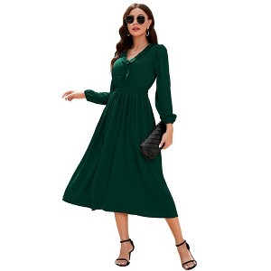 Womens Fall Dress Long Sleeve Ruffle V Neck Dress Elastic Waist Maternity Friendly Maxi Dress S-2XL - 1 of 4