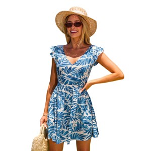 Women's Tropical Leaf Print Backless Dress with Ruffle Sleeves - Cupshe - 1 of 4