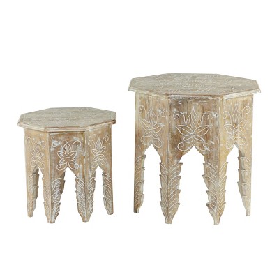 2pc Wood Tables With Carved Detailing - Olivia & May