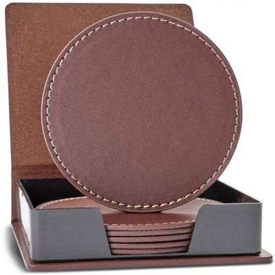 Juvale Set of 6 Brown PU Leather Drink Coasters with Holder Stand, Round 4.2 inch