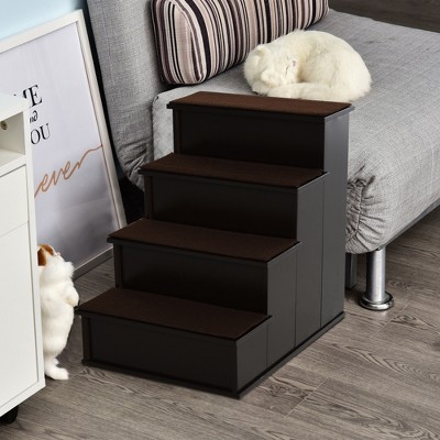 Dark Coffee MDF 4-Step Pet Stairs with Cushioned Cover