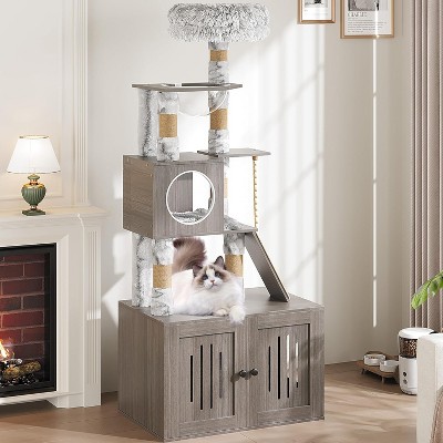 Cat Tree with Litter Box Enclosure, Hidden Litter Box Tree with Sisal Scratching Post and Soft Plush Perch