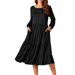 Seta T Women's Fall Casual Crewneck Flowy Tiered Boho Maxi Dress with Pockets - 1 of 4