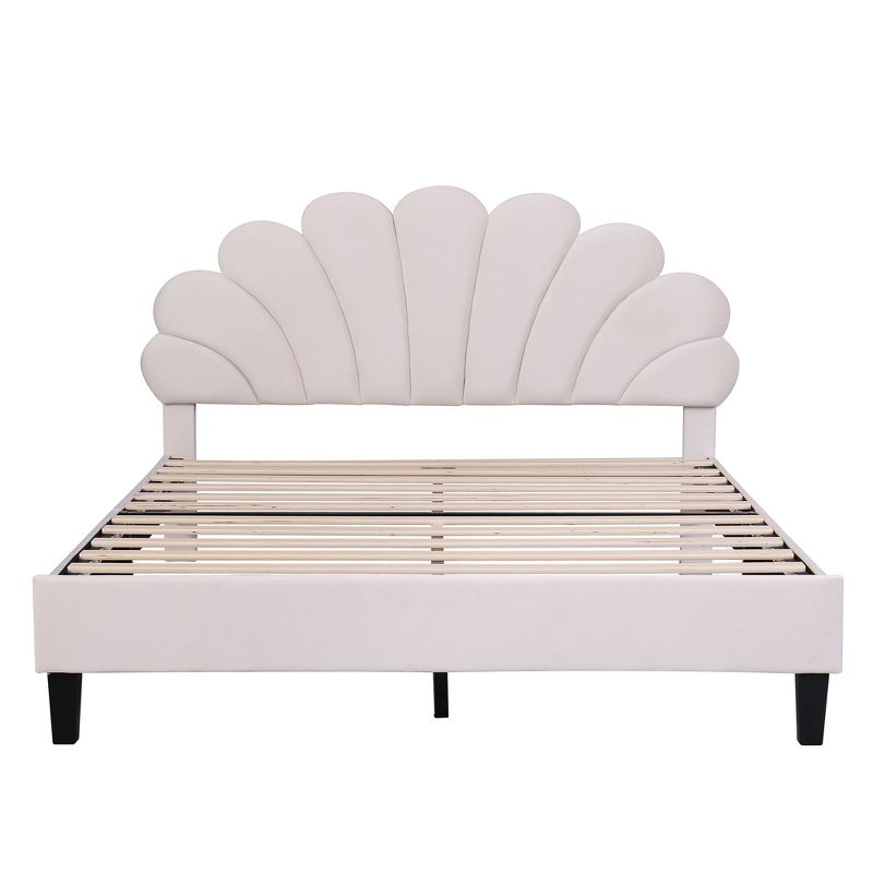 Upholstered Wood Platform Bed with Flower Pattern Velvet Headboard-ModernLuxe, 5 of 13