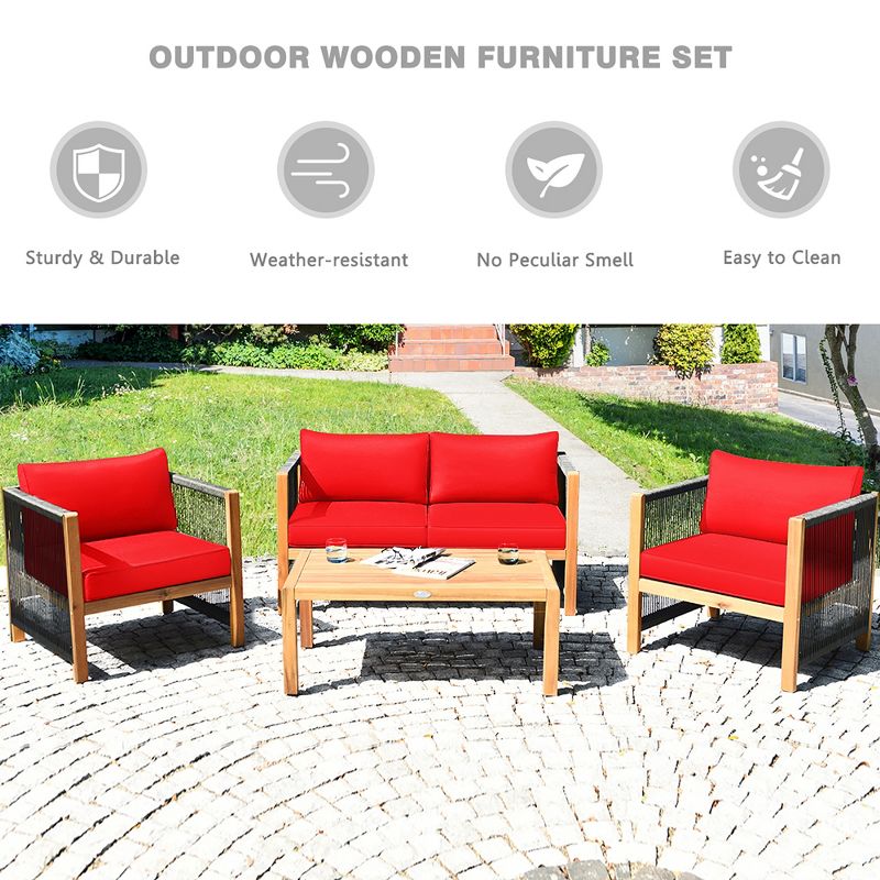 Costway 4PCS Wooden Patio Furniture Set Cushioned Sofa W/Rope Armrest White\Turquoise\Red, 3 of 10
