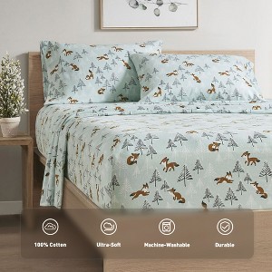 3 Pcs Novelty Printed 100% Cotton Sheet Set, Breathable & Extra Soft Deep Pocket Fitted Sheets for All Seasons, Heavyweight Bedding with Pillow Cases - 1 of 4