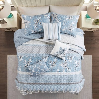 6pc Full/Queen Loraine Cotton Printed Coverlet Set - Blue