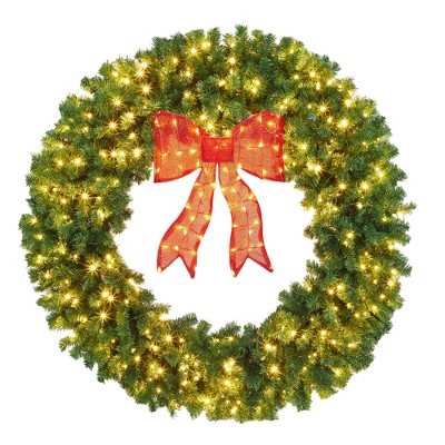Prelit Christmas Wreaths for Front Door, Weather Resistant with LED Lights & Red Bow for Fireplace Garage Gates Indoor Outdoor