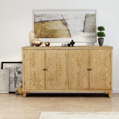 59" Accent Cabinet with 4 Doors, Natural Wood Buffet Cabinet, Media Cabinets, Console Table for Entryway