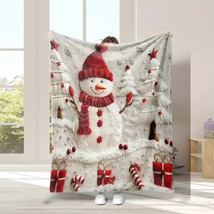 Lomsoe Soft & Warm Flannel Christmas Blanket - Snowman & Tree Print with Red & Winter Design, All-Season Cozy Throw for Bed, Sofa, Travel. - 1 of 4
