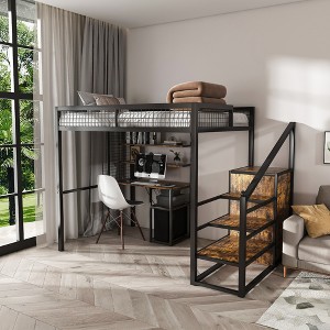 KWPZQEB Loft Bed Full Size with Desk & Wardrobe, Staircase & Storage Rack/Drawers/Computer Desk/USB & Outlet, Heavy Metal Frame, No Box Spring Needed - 1 of 4