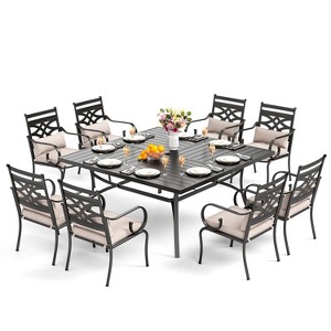 Captiva Designs 9pc Spacious Slat-top Square Metal Table with Umbrella Hole & Fixed Metal Chairs with Cushions - 1 of 4
