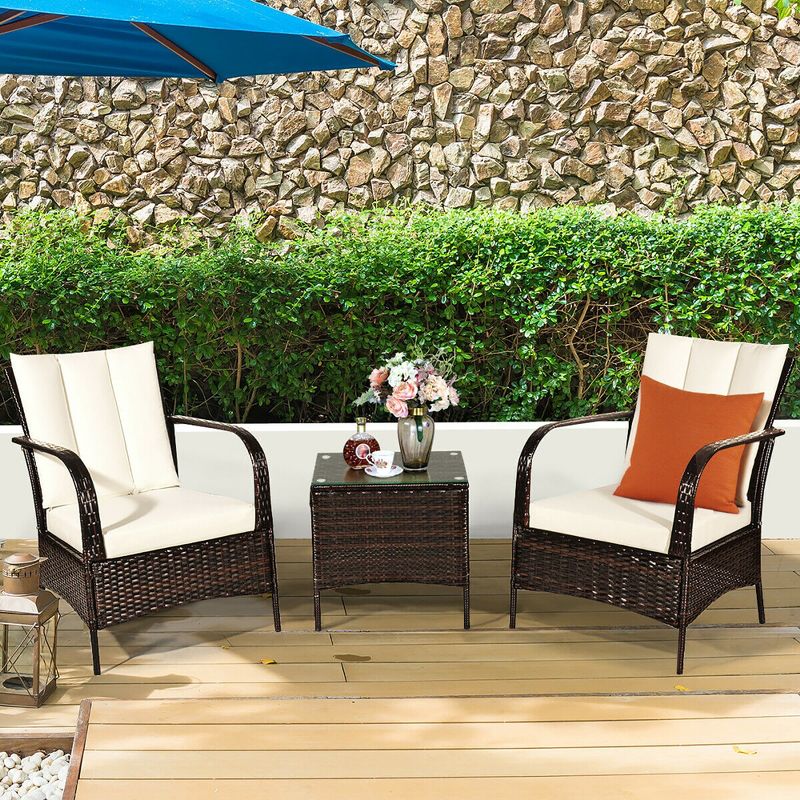 Costway 3 PCS Patio Rattan Furniture Set Coffee Table & 2 Rattan Chair W/White Cushions, 3 of 11