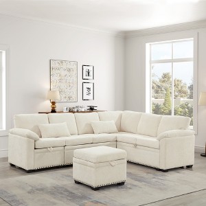 97" Chenille Upholstery 7-Seater Convertible L-Shaped Sectional Sofa with Pull-Out Bed, Storage Ottoman, and 2 Accent Pillows - 1 of 4