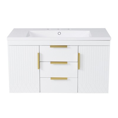 Vynxaria 36 inch Ultra White Wall Mounted Single Sink Bathroom Vanity with Resin Top Two Full Extension Drawers Two Soft Close Cabinets