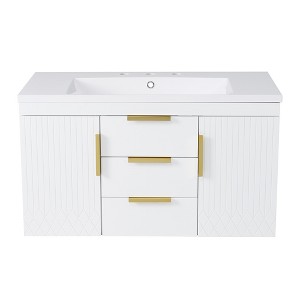 Vynxaria 36 inch Ultra White Wall Mounted Single Sink Bathroom Vanity with Resin Top Two Full Extension Drawers Two Soft Close Cabinets - 1 of 4