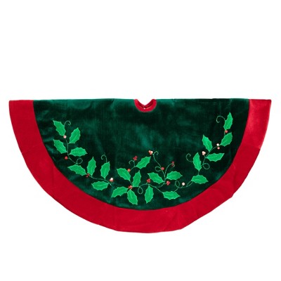 48" Dark Green Velveteen Christmas Tree Skirt with Holly and Berry Embellishments