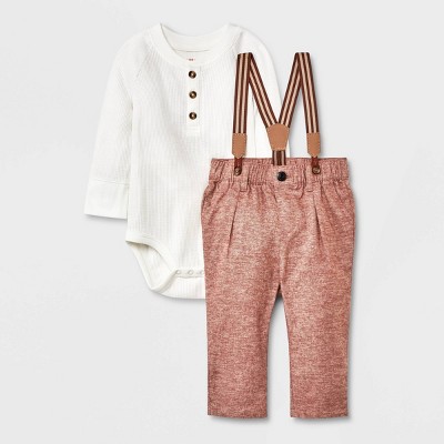 Image of Baby Boys' Jaspe Flannel Suspender Set - Cat & Jack™ Cream 3-6M