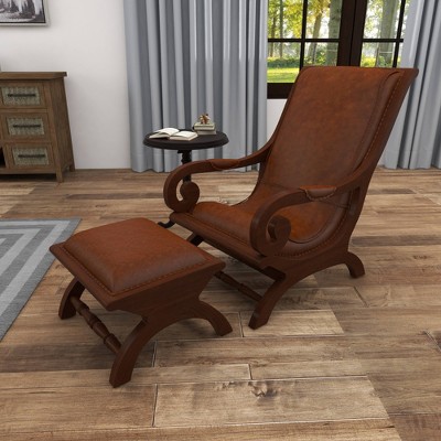 Handcrafted Brown Leather and Teak Wood Accent Chair with Ottoman