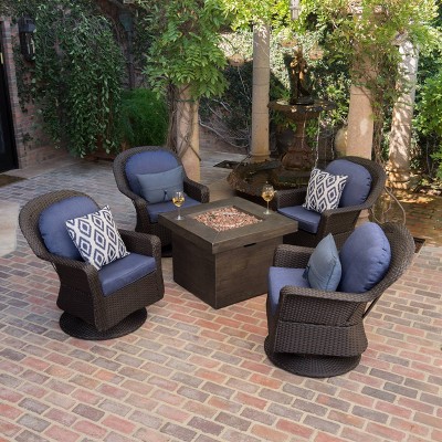 Colosseum 5pc Wicker Swivel Club Chairs & Fire Pit - Dark Brown/Navy Blue/Brown - Christopher Knight Home