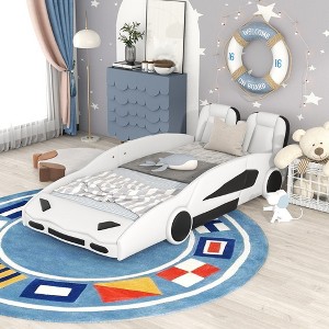 Twin Size Classic Car-Shaped Platform Bed With Wheels, Headboard, Solid Guardrails On Both Sides, Pine Bed For Home - 1 of 4
