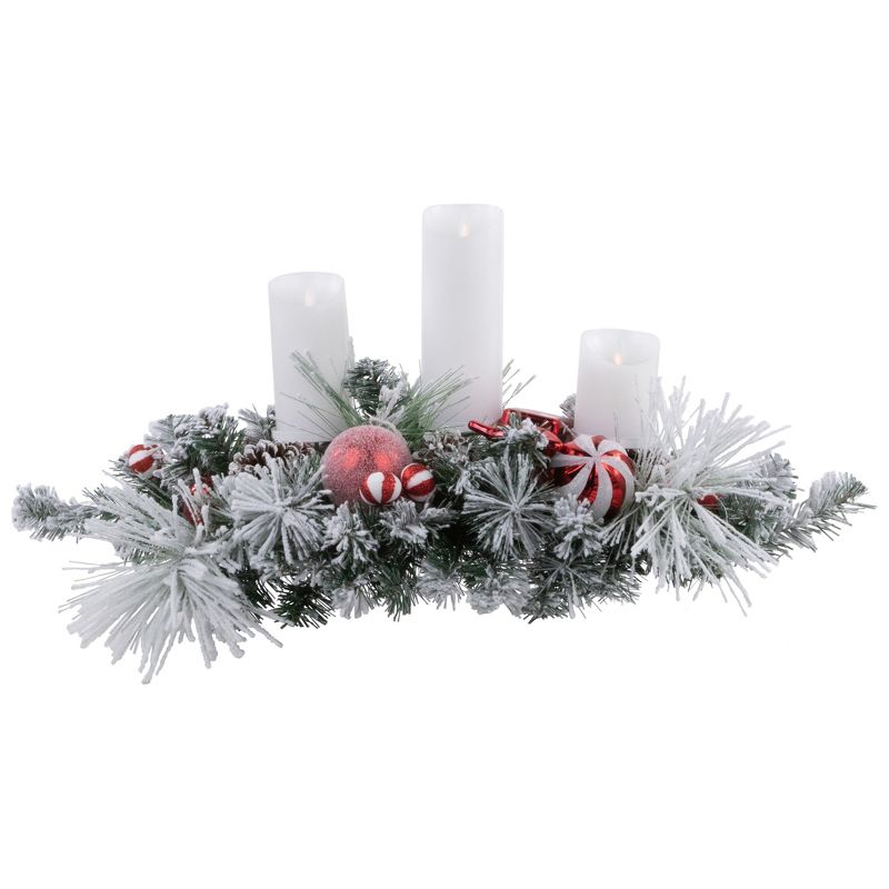 Northlight 32" Red and White Triple Candle Holder with Flocked Pine and Christmas Ornaments, 2 of 7