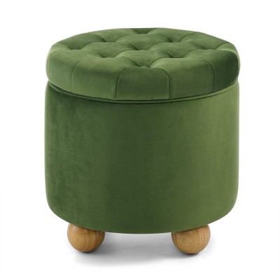GDFStudio Hilary Round Storage Button-Tufted Velvet Upholstered 18.5" Ottoman with Solid Wood Oval Legs