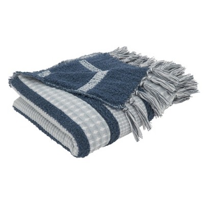 Blue and Gray Knitted Reversible Throw Blanket with Fringe