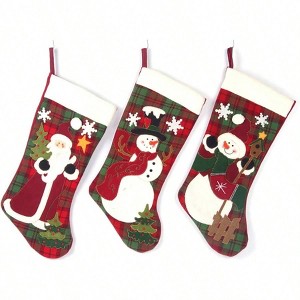 Classic 19 inch Red Plaid Stockings Set of 3 Red Tartan Decor Applique Fireplace Santa Snowman Decorations - 1 of 4