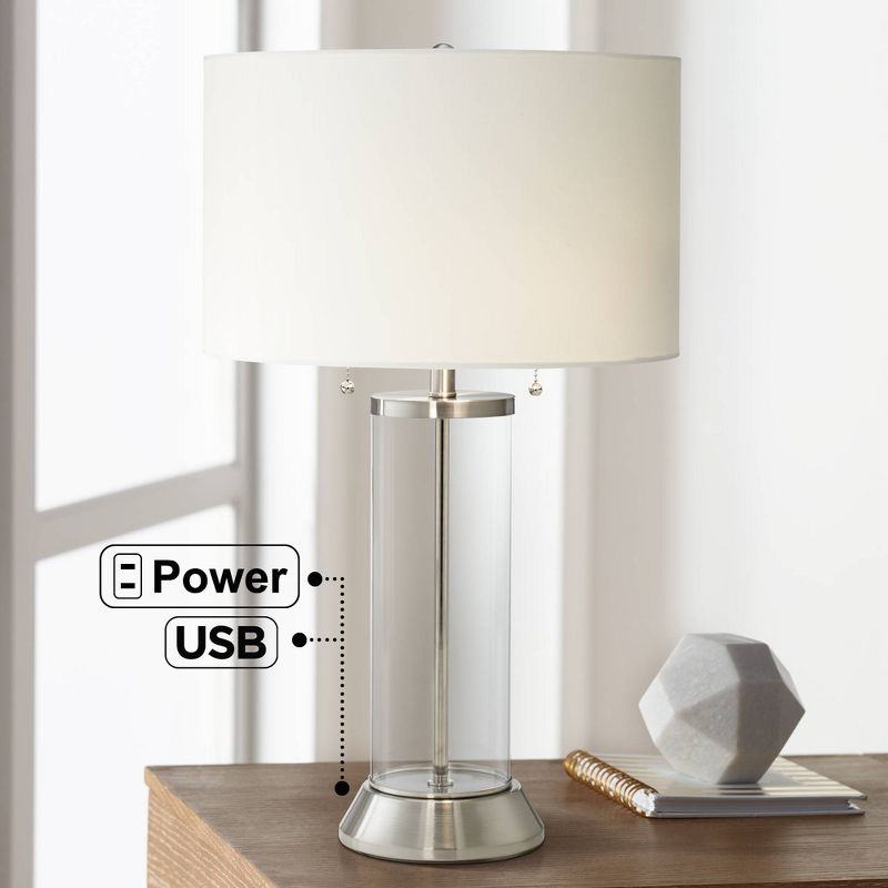 Possini Euro Design Fritz Modern Table Lamp 26 1/2" High Silver Clear Glass Column with USB and AC Power Outlet in Base Drum Shade for Bedroom Desk, 2 of 10