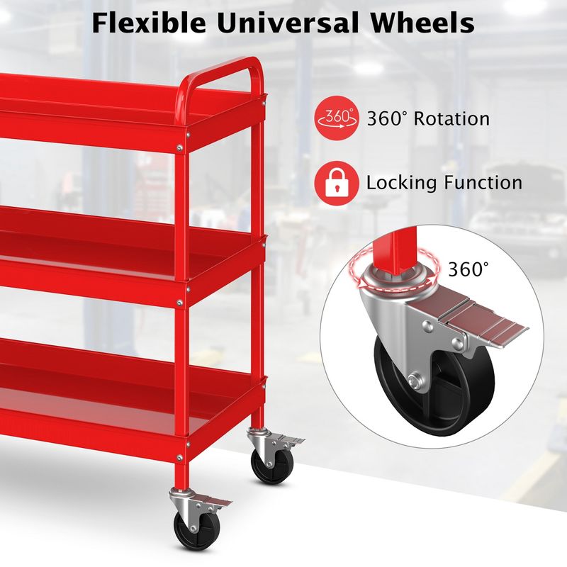 Costway 3-Tier Metal Utility Cart 400 lbs Storage Service Trolley Tool Storage Red, 5 of 10