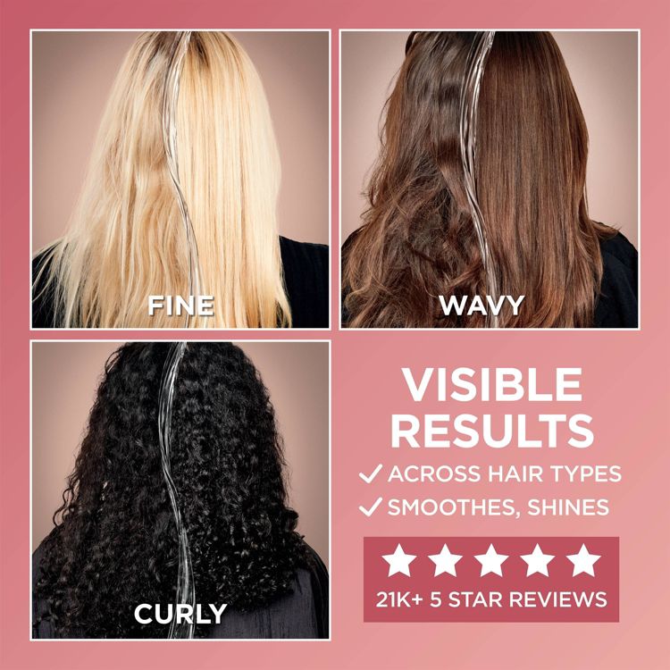Three images showing hair treatment results on fine, wavy, and curly hair with text stating "VISIBLE RESULTS," "ACROSS HAIR TYPES," "SMOOTHES, SHINES," and "21K+ 5 STAR REVIEWS."