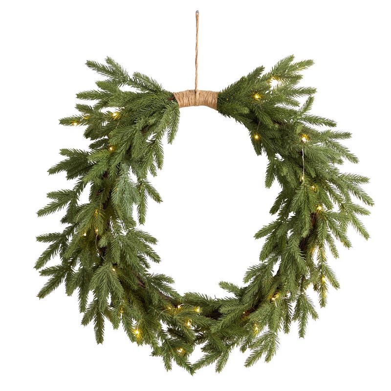 Nearly Natural 24&#34; Pre-lit LED Cascading Pine Artificial Christmas Wreath Green with Warm White Lights, 1 of 8