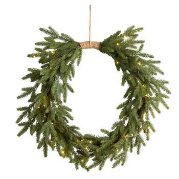 Nearly Natural 24" Pre-lit LED Cascading Pine Artificial Christmas Wreath Green with Warm White Lights