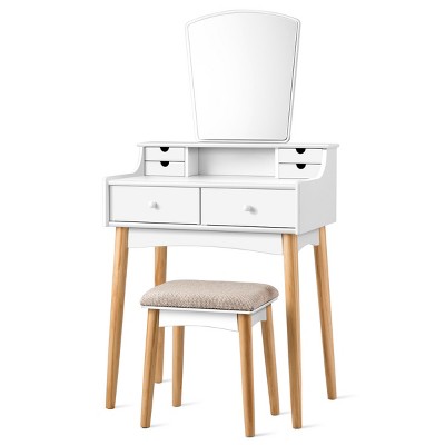 Tangkula 6 Drawer Vanity Mirror Beauty Dressing Table Set w/ Cushioned Seat Modern White