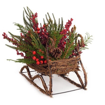 Melrose 17" Red and Brown Mixed Pine Berry Sleigh Christmas Tabletop Decor