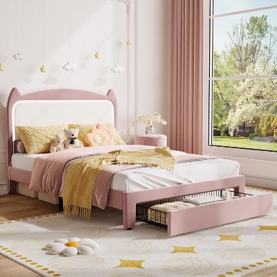 Upholstered LED Bed Frame with Cat Headboard for Boys Girls, Velvet Platform Bed Frame, Wood Slats Support, Noise Free