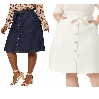 Agnes Orinda Women's Plus Size Tie Waist Button Front Pockets A-Line Midi Denim Skirts