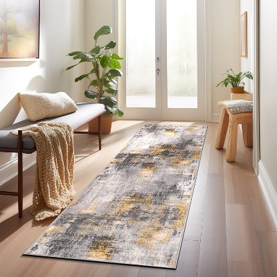 Yellow and Gray Abstract Synthetic Runner Rug 2' x 7'