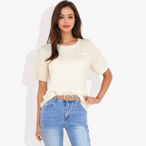 Anna-Kaci Women's Short Sleeve Waffle Knit Top with Chest Pocket for Daily Wear - 1 of 4