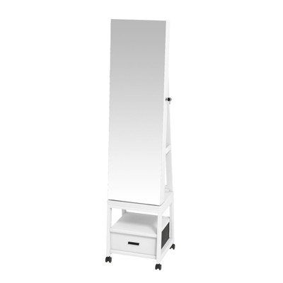 Jewelry Armoire Cabinet with Bottom Drawer & Wheels , 360° Swivel Full Length Mirror with Jewelry Organizer, White
