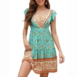 WhizMax Women's Boho Floral-Print Mini Dress Casual Short Sleeve V-neck High-Waisted Wrap Swing Ruffle Summer Dress - 1 of 4