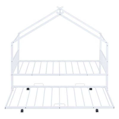Bellemave Twin Metal House Bed with Trundle, Kids Bed Frame with Headboard & Footboard, White Bed for Girls & Boys