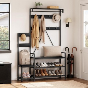 Industrial Parent-Child Hall Tree Coat Rack Shoe Bench - Entryway Organizer with Storage Cubbies, Hooks and Top Shelf - 1 of 4