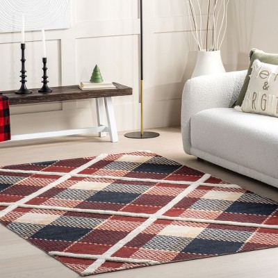 Handmade Red and Dark Blue Wool 4' x 6' Plaid Area Rug